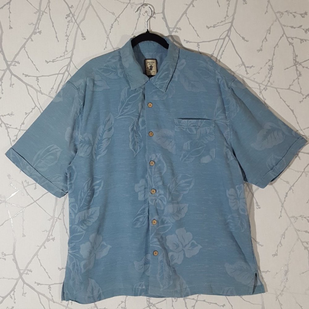 Jamaica Jaxx Blue Textured 100% Silk Hawaiian Camp Shirt